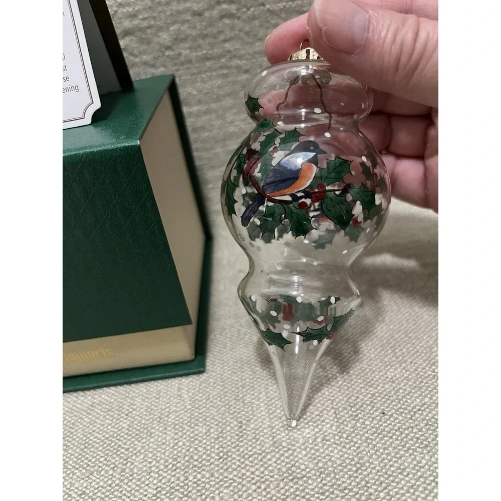 Reverse Hand Paint Teardrop Christmas Ornament Winter Bird Holly Pier 1 Li Bien
